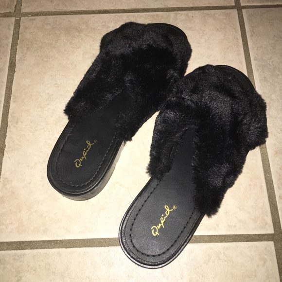 Black Fuzzy Slip On Shoes - Picture 3 of 5
